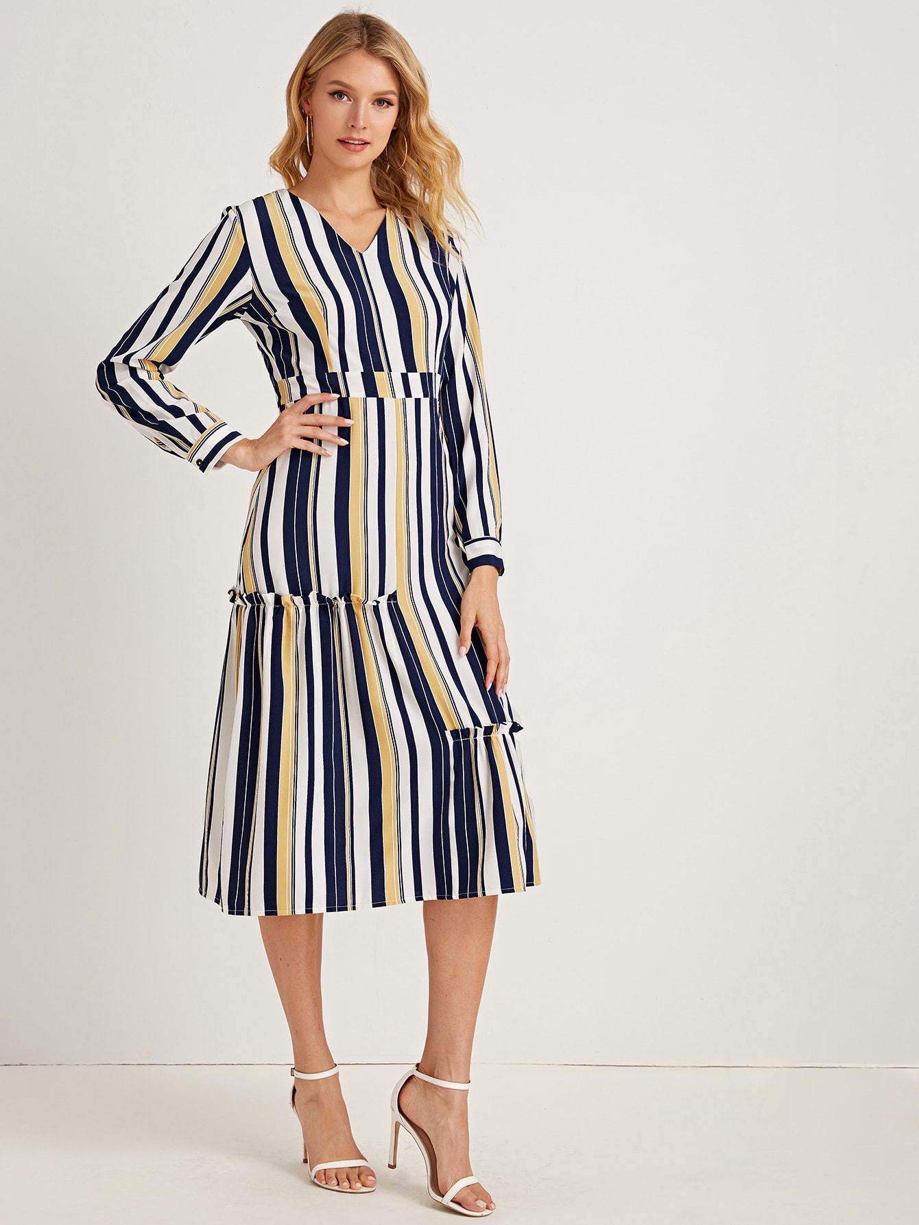 Block Striped Frill Trim Dress