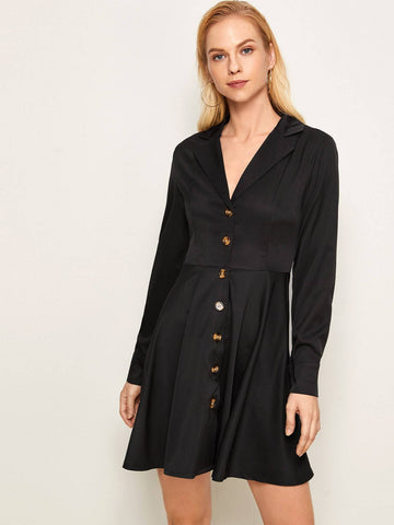 Button Front Lapel Collar Tea Dress