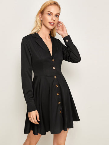 Button Front Lapel Collar Tea Dress