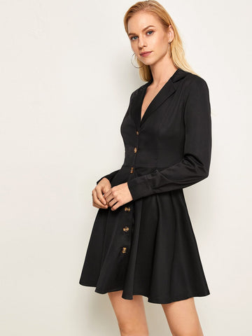 Button Front Lapel Collar Tea Dress