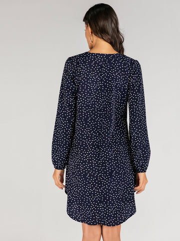 Notched Neck Polka Dot High Low Dress Without Belted