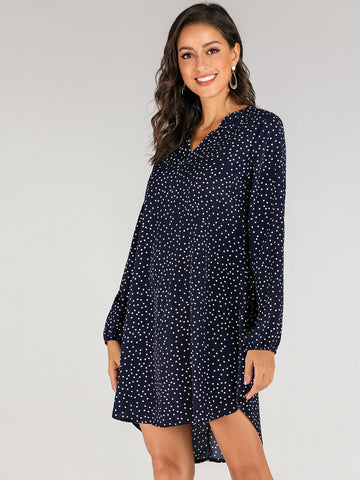 Notched Neck Polka Dot High Low Dress Without Belted