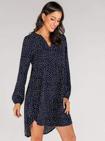 Notched Neck Polka Dot High Low Dress Without Belted