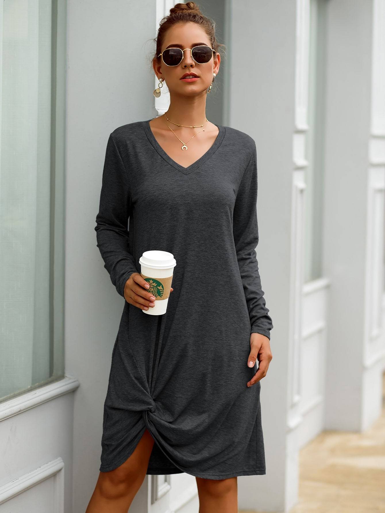 Solid V Neck Twist Hem Dress