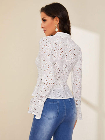 Button Front Eyelet Embroidery Peplum Blouse