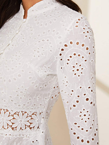 Button Front Eyelet Embroidery Peplum Blouse
