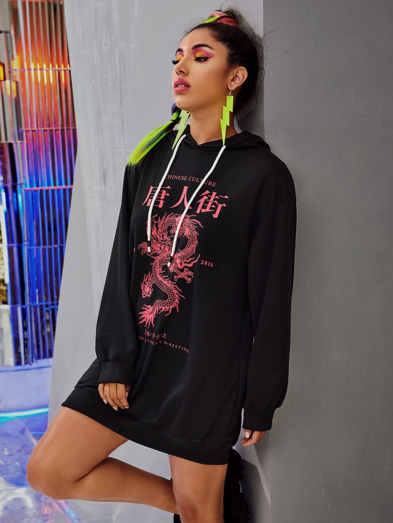 Dragon & Letter Print Drawstring Hooded Sweatshirt Dress