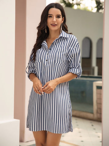 Dual Pocket Striped Roll Up Sleeve Shirt Dress