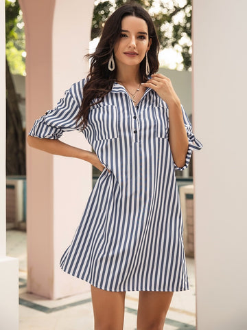 Dual Pocket Striped Roll Up Sleeve Shirt Dress