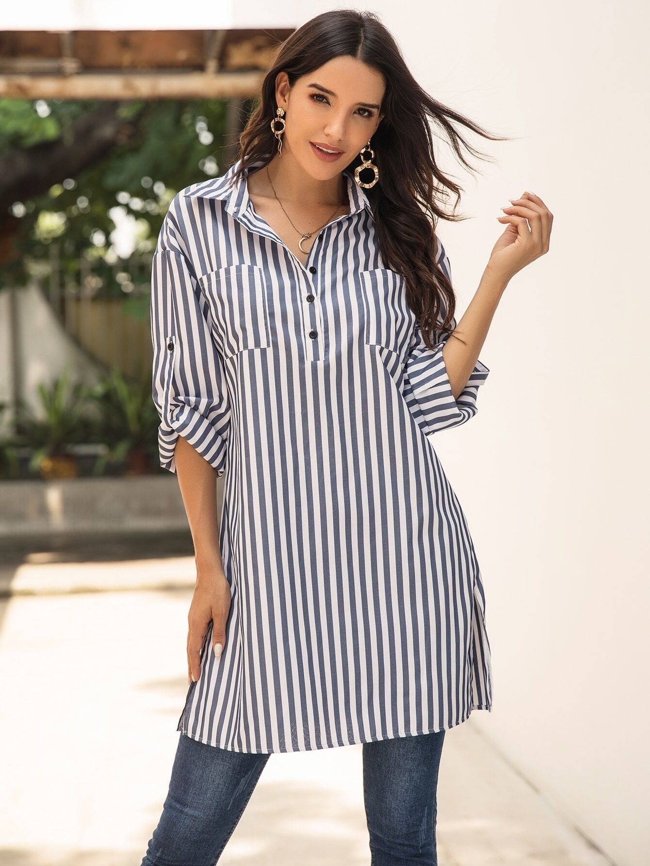 Dual Pocket Striped Roll Up Sleeve Shirt Dress