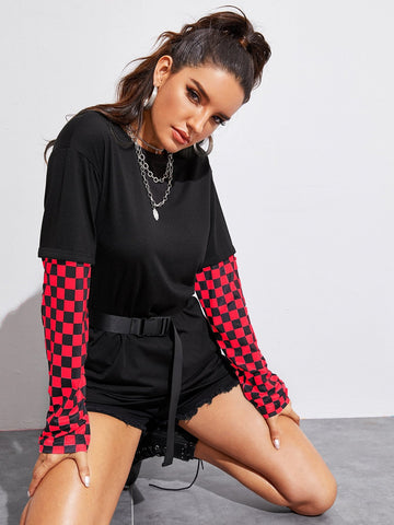 Checker Print Buckle Belted Tee