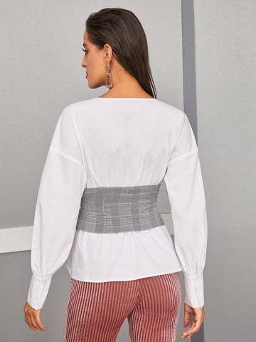 Plaid Belted Puff Sleeve Top