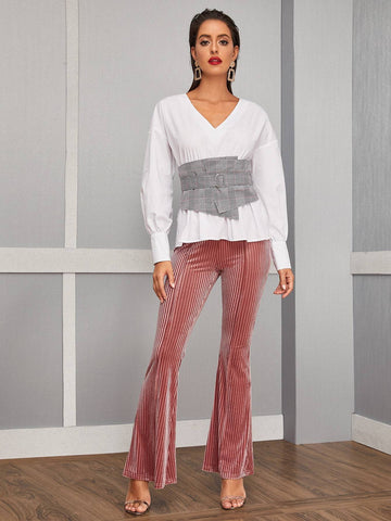Plaid Belted Puff Sleeve Top