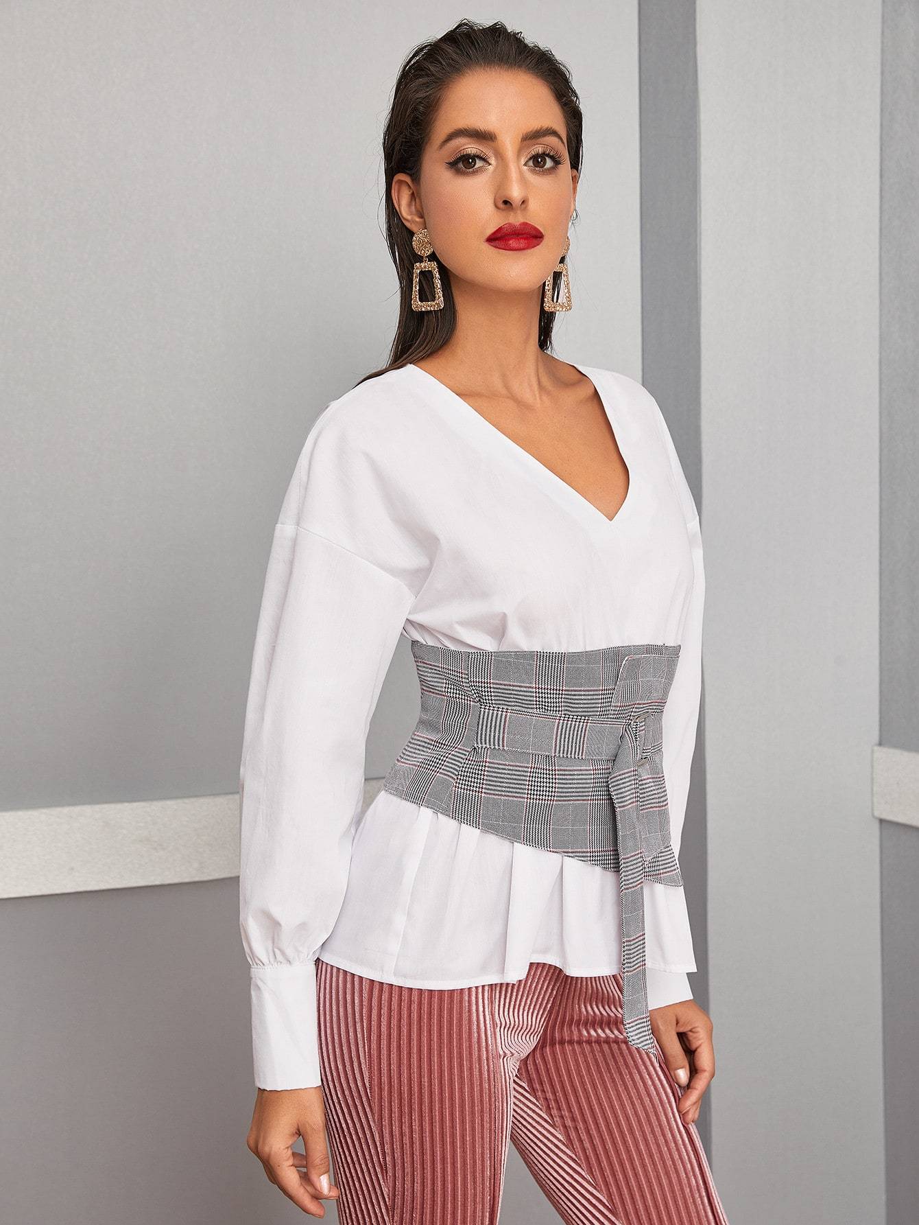 Plaid Belted Puff Sleeve Top