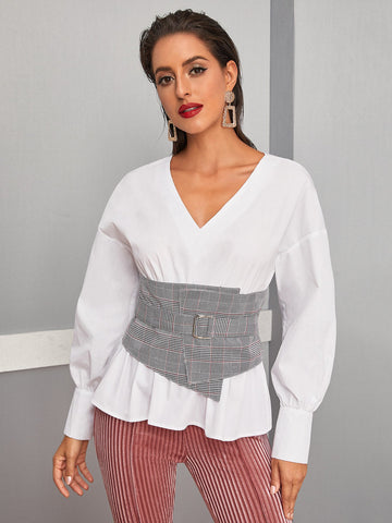 Plaid Belted Puff Sleeve Top