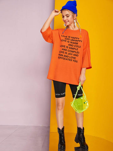 Neon Orange Drop Shoulder Slogan Graphic Tee