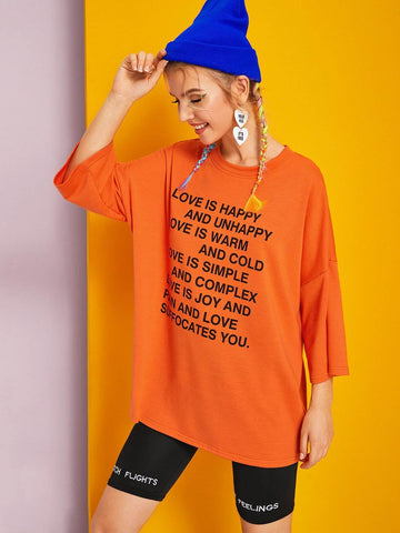 Neon Orange Drop Shoulder Slogan Graphic Tee