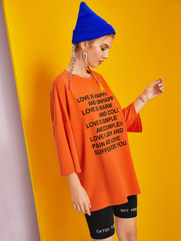 Neon Orange Drop Shoulder Slogan Graphic Tee