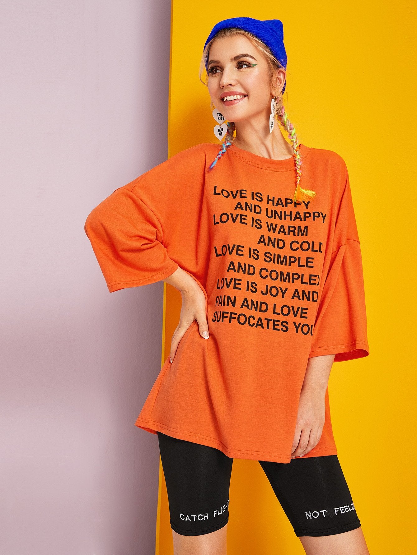 Neon Orange Drop Shoulder Slogan Graphic Tee