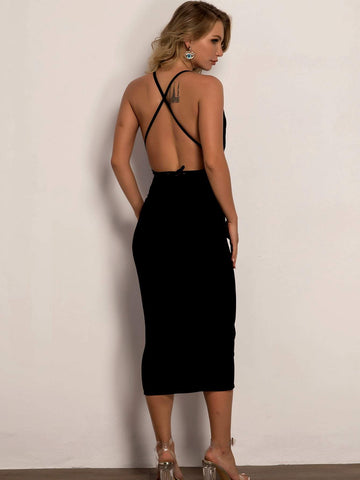 Joyfunear Lace Up Backless Bodycon Dress