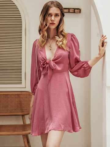 Simplee Tie Front Peekaboo Blouson Sleeve Satin Dress