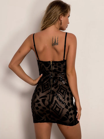 Joyfunear Lace Up Sequin Bodycon Cami Dress