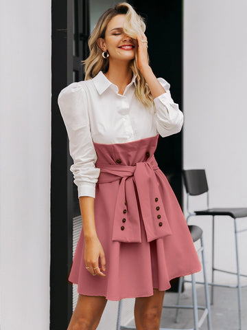 Simplee Double Button Belted 2 In 1 Dress