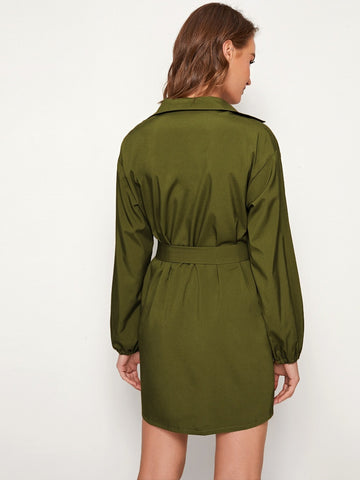 Dual Pocket Button Through Belted Shirt Dress