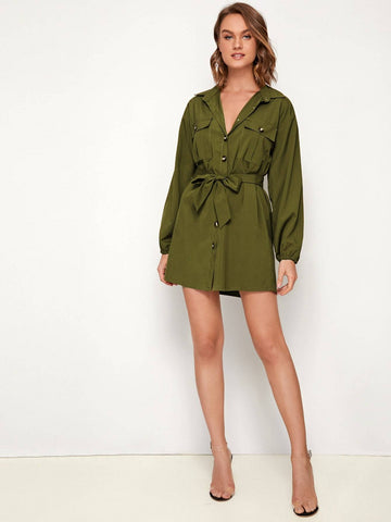 Dual Pocket Button Through Belted Shirt Dress