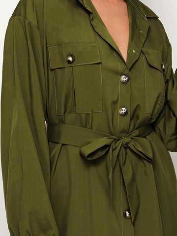 Dual Pocket Button Through Belted Shirt Dress