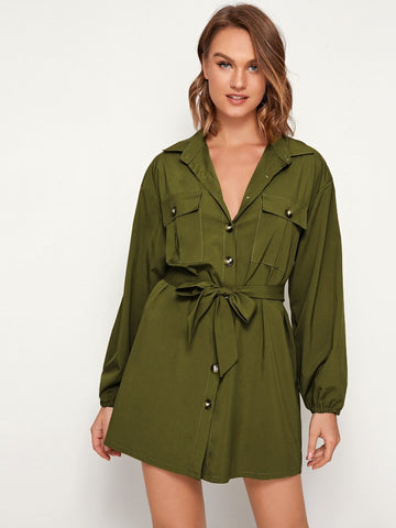 Dual Pocket Button Through Belted Shirt Dress