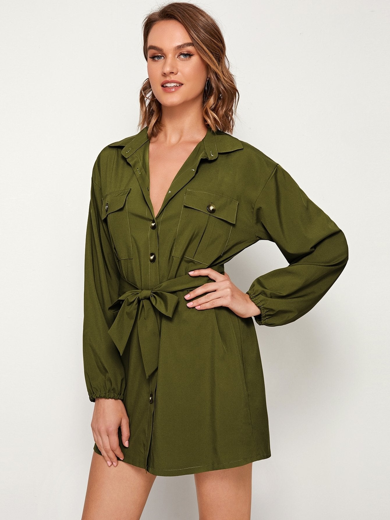 Dual Pocket Button Through Belted Shirt Dress