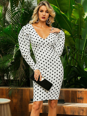 Glamaker Polka-dot Gigot Sleeve Bodycon Dress