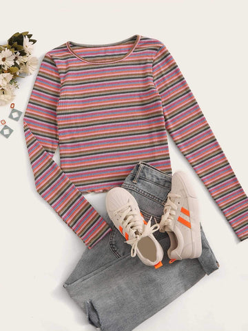 Multi-stripe Lettuce Trim Ribbed Tee