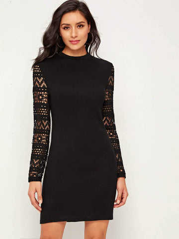 Panel Lace Sleeve Fitted Jumper Dress