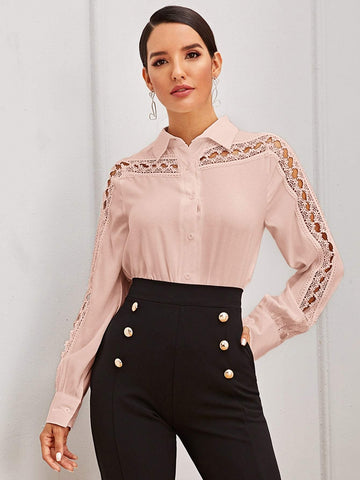 Guipure Lace Insert Button Front Blouses