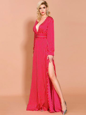 Missord Polka-dot Plunge Neck Split Thigh Maxi Dress