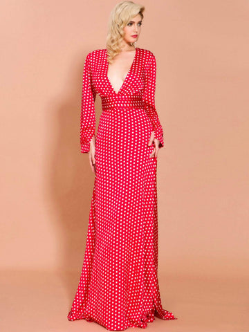 Missord Polka-dot Plunge Neck Split Thigh Maxi Dress
