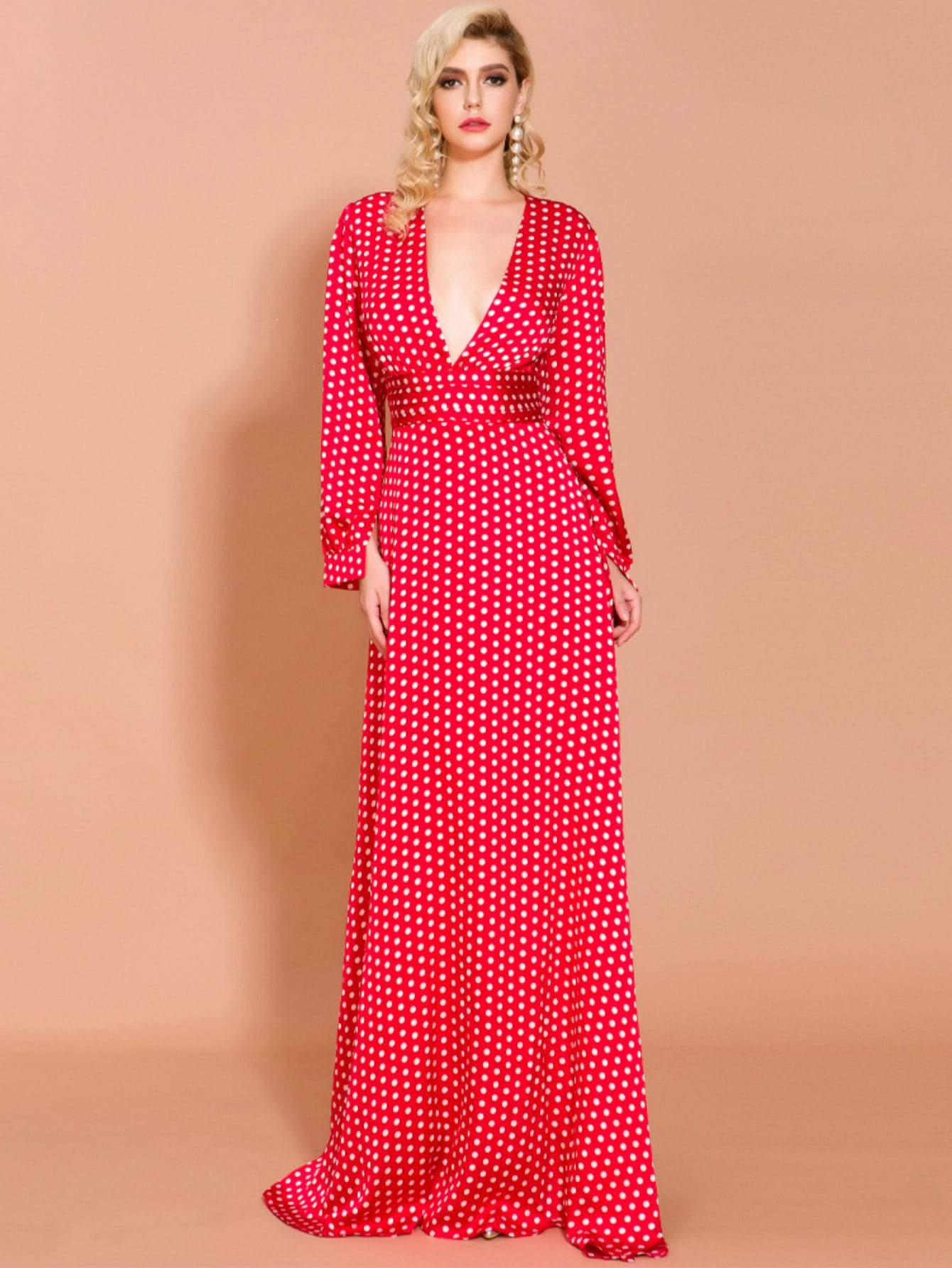 Missord Polka-dot Plunge Neck Split Thigh Maxi Dress