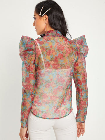 Tie Neck Puff Sleeve Floral Print Organza Blouse