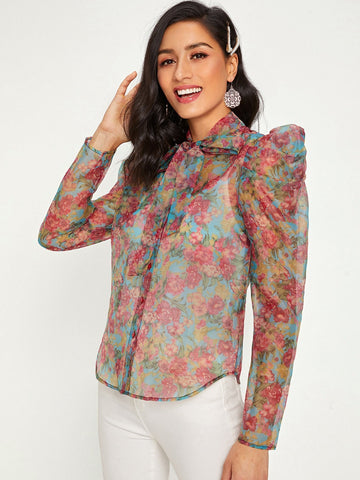 Tie Neck Puff Sleeve Floral Print Organza Blouse