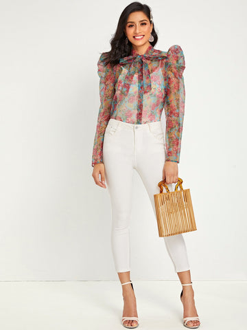 Tie Neck Puff Sleeve Floral Print Organza Blouse