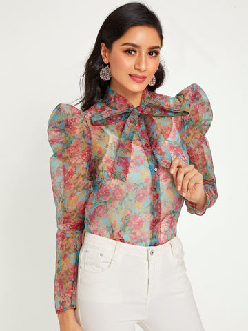 Tie Neck Puff Sleeve Floral Print Organza Blouse