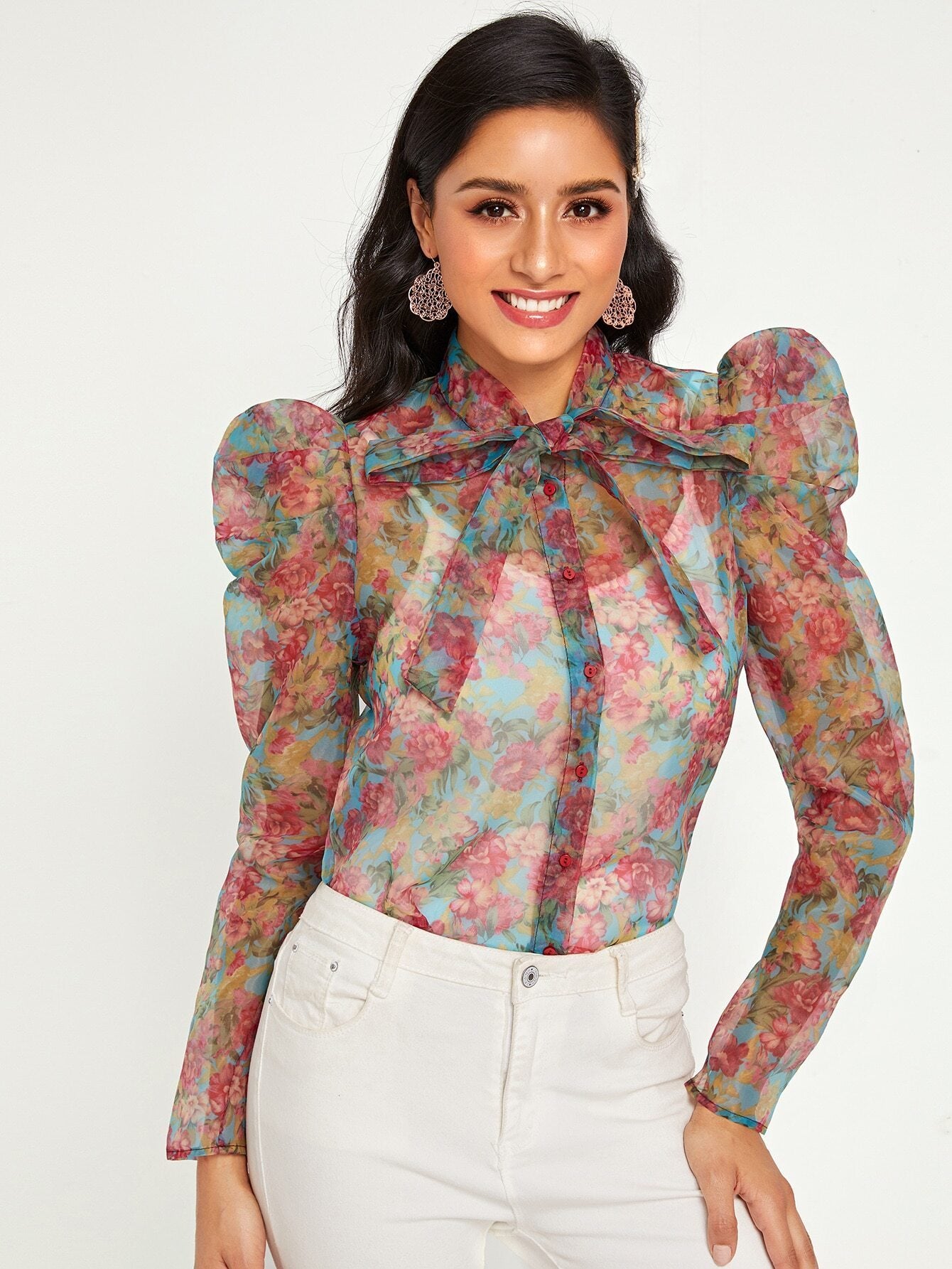 Tie Neck Puff Sleeve Floral Print Organza Blouse
