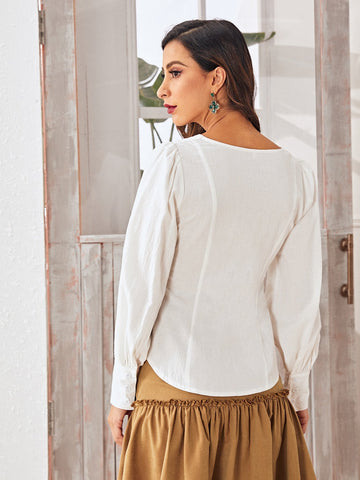 Solid Square Neck Puff Sleeve Blouse