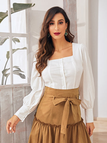 Solid Square Neck Puff Sleeve Blouse