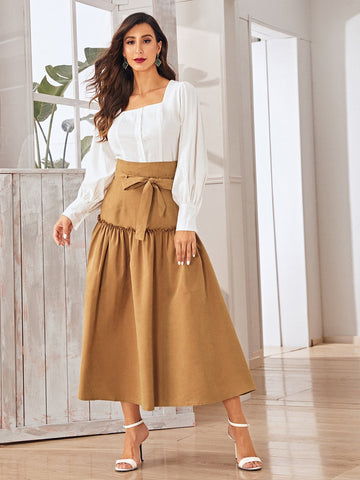 Solid Square Neck Puff Sleeve Blouse