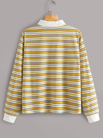 Contrast Collar Half Placket Striped Polo Tee