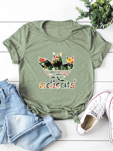 Tropical Letter And Cat Print Tee
