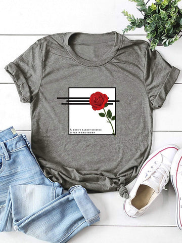 Round Neck Rose And Slogan Graphic Tee